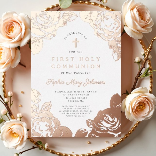 Elegant Floral First Communion Rose Gold (Elegant Floral First Communion Rose Gold Foil Invitation)