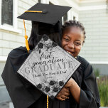 Elegant Floral First Generation Graduate Graduation Cap Topper<br><div class="desc">This isn't just a graduation cap topper, it's a story of resilience and dedication. Highlight your journey as a 'first generation graduate', thank your parents, and exhibit your pride with our sophisticated topper featuring an elegant marble backdrop, faux silver glitter, and black & white watercolor florals. Keep the tradition, add...</div>
