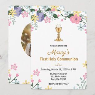 Elegant Floral First Holy Communion Photo  Invitation