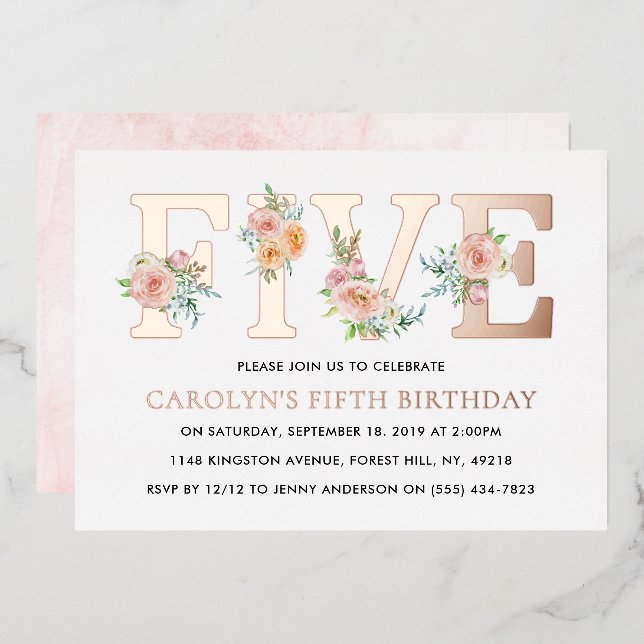 Elegant Floral FIVE 5th Birthday Real (Front/Back)
