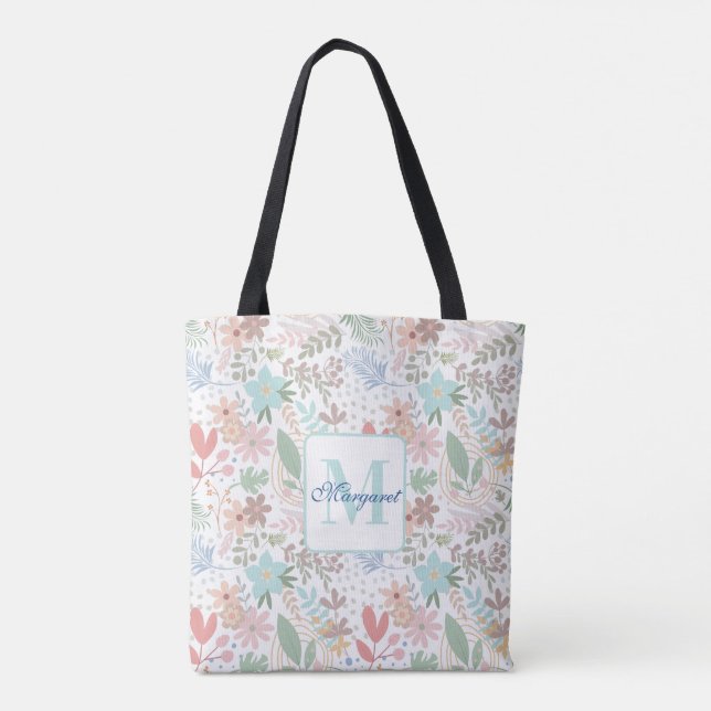 Elegant Floral Flower Leaf Blue Themed Monogram Tote Bag (Back)