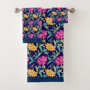 Elegant Floral Flowers Pink Yellow Buds Greenery Bath Towel Set