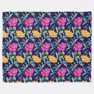 Elegant Floral Flowers Pink Yellow Buds Greenery Fleece Blanket