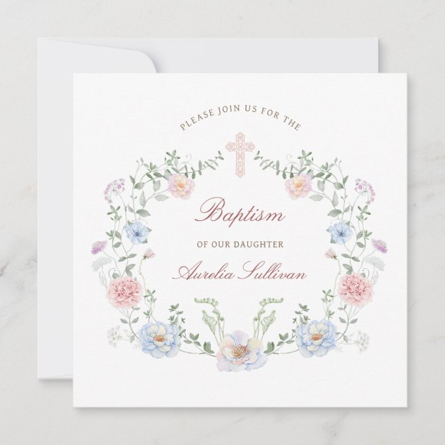 Elegant Floral Frame Baptism Square Invitation (Front)