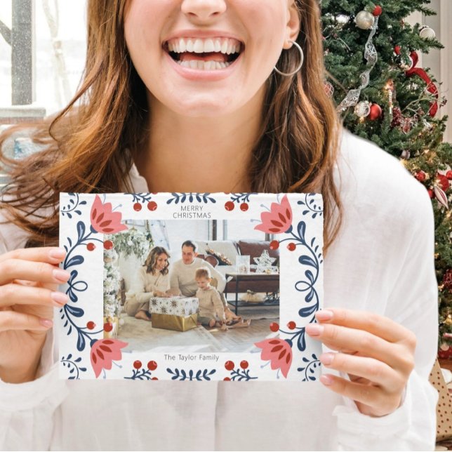 Elegant Floral Frame Christmas Two Photo Holiday Card (Elegant Floral Frame Christmas Two Photo Holiday Cards from Ricaso Add your own photo and text)