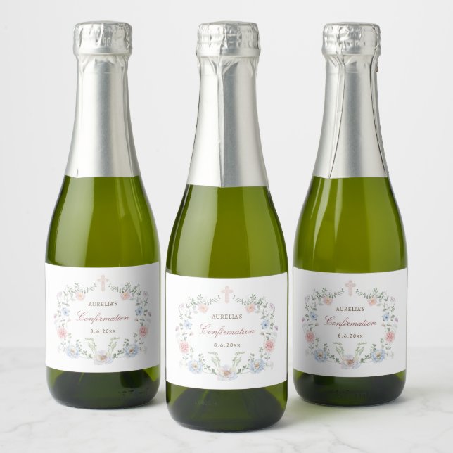 Elegant Floral Frame Confirmation Sparkling Wine Label (Bottles)