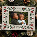 Elegant Floral Frame Horizontal Christmas Photo  Holiday Card<br><div class="desc">This gorgeous holiday photo card conjures up all the cozy Christmas feelings, boasting a hand drawn floral frame in traditional Christmas colours of deep green, burgundy red, and ivory over a custom colour background (shown in sand beige). The back of the card contains more text templates for a personalized message,...</div>