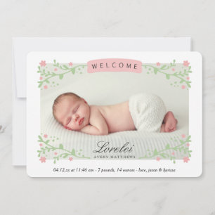 Elegant Floral Frame Pink Baby Girl Photo Birth Announcement