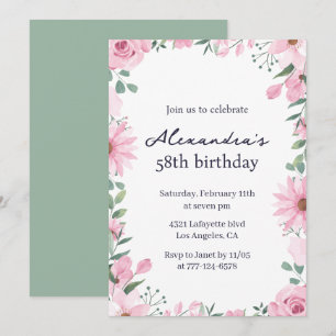 Elegant Floral Frame Pink Green 58th birthday Invitation