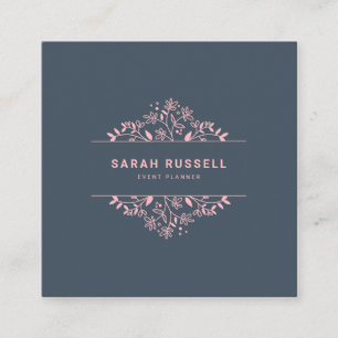 Elegant floral frame pink navy blue event planner square business card