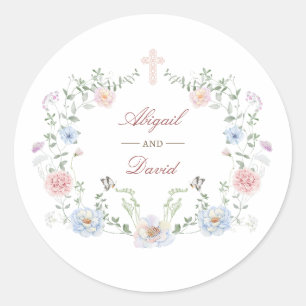 Elegant Floral Frame Religious Wedding Classic Round Sticker