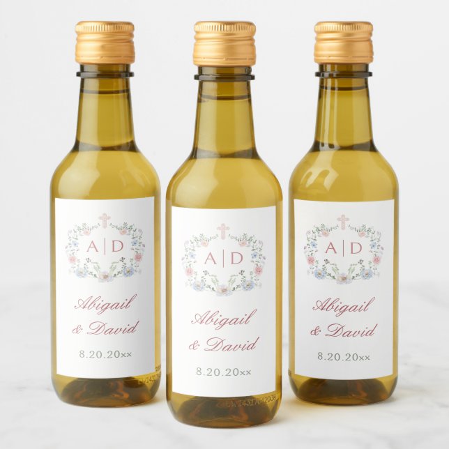 Elegant Floral Frame Religious Wedding Monograms Wine Label (Bottles)