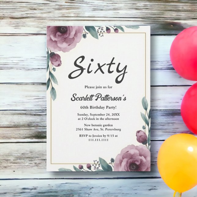 Elegant Floral Frame Rustic Boho 60th Birthday Invitation (Creator Uploaded)