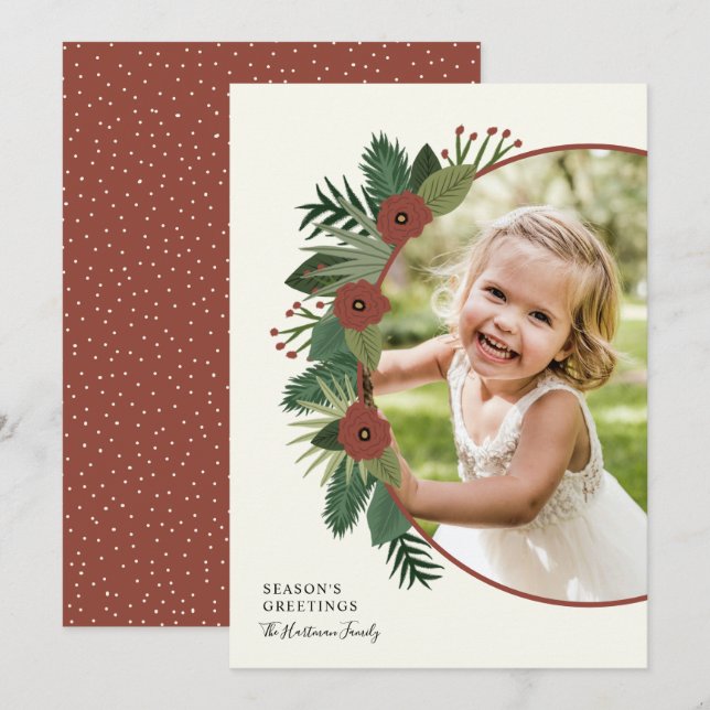Elegant Floral Frame Season's Greetings Photo Holiday Card (Front/Back)