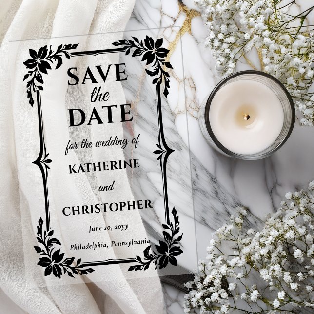 Elegant Floral Frame Wedding Save the Date Acrylic Invitations (Elegant Floral Frame Photo Wedding Black on Clear Acrylic Save the Dates )
