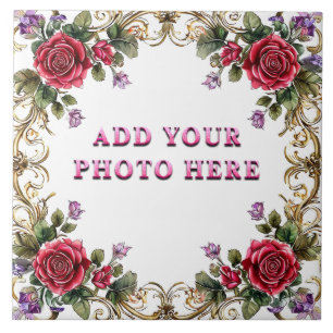 Elegant Floral Frame with Gold and Red Rose Tile