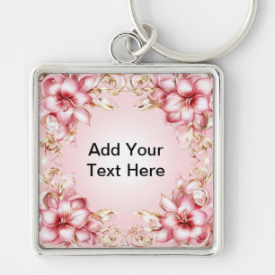 Elegant Floral Frame with Pink Lily Designs Keychain