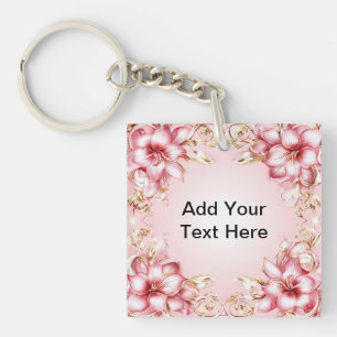 Elegant Floral Frame with Pink Lily Designs Keychain