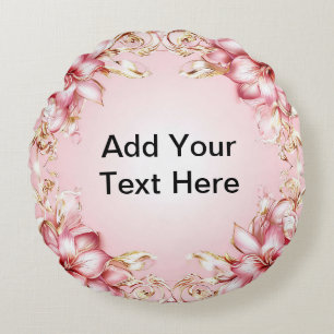 Elegant Floral Frame with Pink Lily Designs Round Pillow