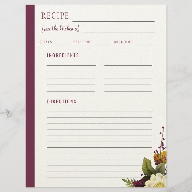 Elegant floral from the kitchen of blank recipe letterhead (Front)