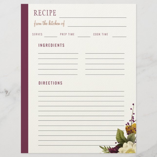 Elegant floral from the kitchen of blank recipe letterhead (Front)