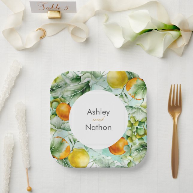 Elegant floral & Fruits watercolour summer Wedding Paper Plate (Wedding)