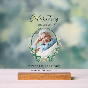 Elegant Floral Funeral Celebration of life Photo   Acrylic Sign