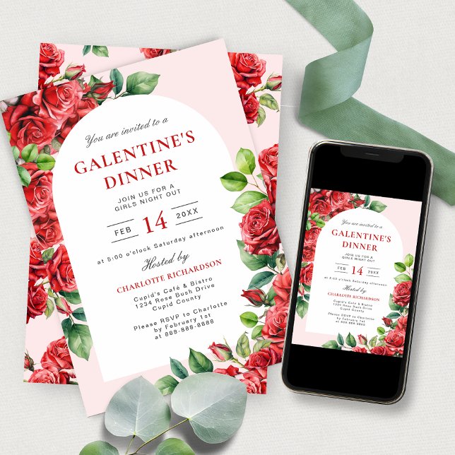 Elegant Floral Galentine's Dinner Party Red Roses Invitation (Creator Uploaded)