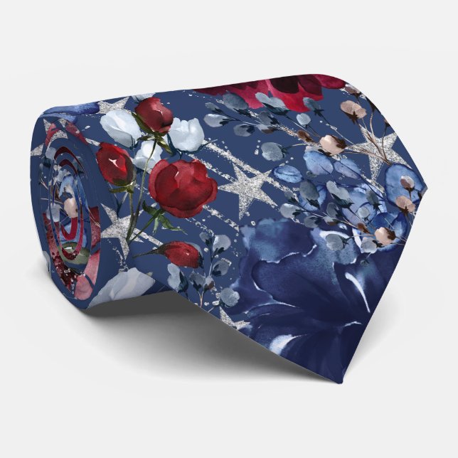 Elegant Floral Garden 4th of July Star Spangled Tie (Rolled)