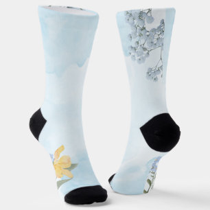 Elegant Floral Garden Blue Butterfly Crew Socks   