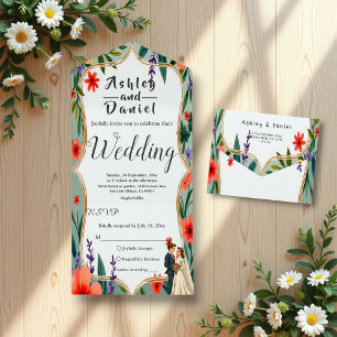 Elegant Floral Garden Bride & Groom Summer Wedding All In One Invitation