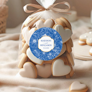 Elegant Floral Garden Gold Royal Blue Wedding Classic Round Sticker