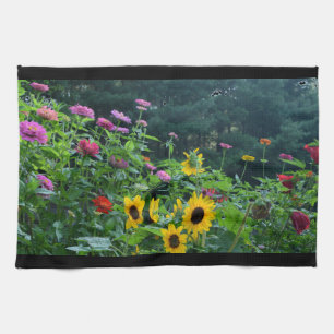 Elegant floral garden sunflowers zinnia mums  kitchen towel