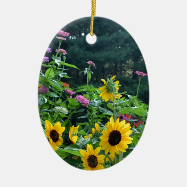 Elegant floral garden sunflowers zinnias daisies  ceramic ornament (Front)