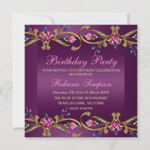 Elegant Floral Gem Purple/Black Birthday Invite