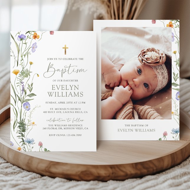 Elegant Floral Girl Baptism and Christening Photo Invitation (Creator Uploaded)