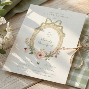 Elegant Floral Girl Sage Bow Framed Baby Shower Invitation