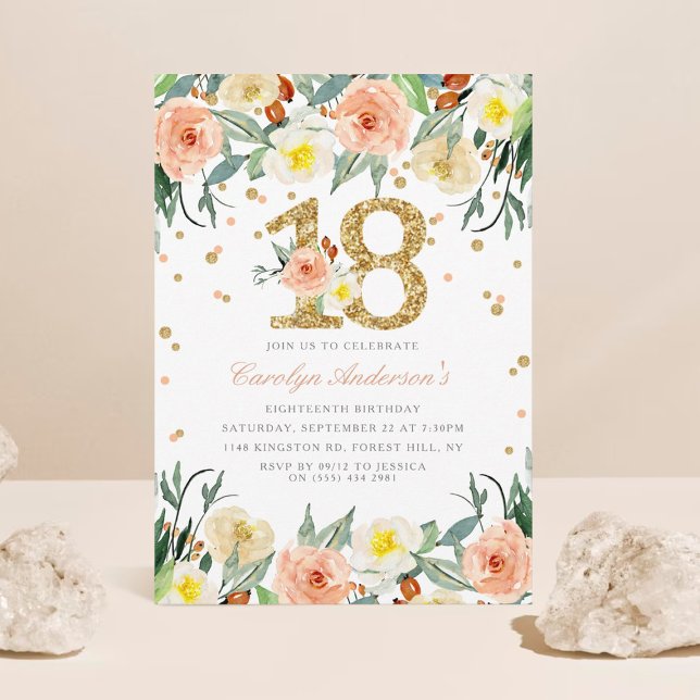 Elegant Floral Girls 18th Birthday Invitations (Creator Uploaded)