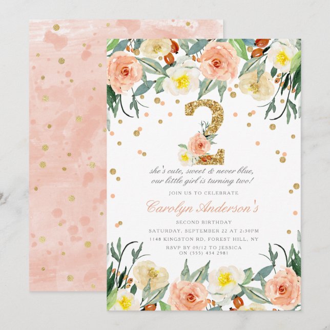 Elegant Floral Girls 2nd Birthday Invitations (Front/Back)