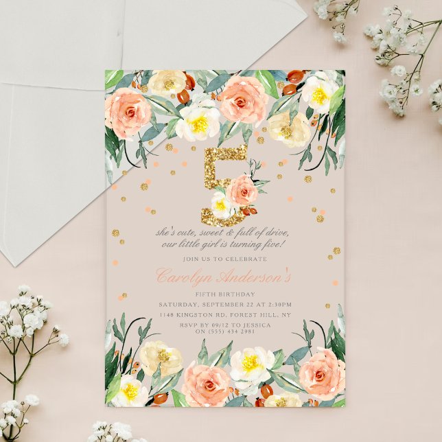 Elegant Floral Girls 5th Birthday Acrylic Invitations (Creator Uploaded)