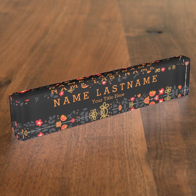 Elegant Floral Girly Custom Black Desk Nameplate (Side)