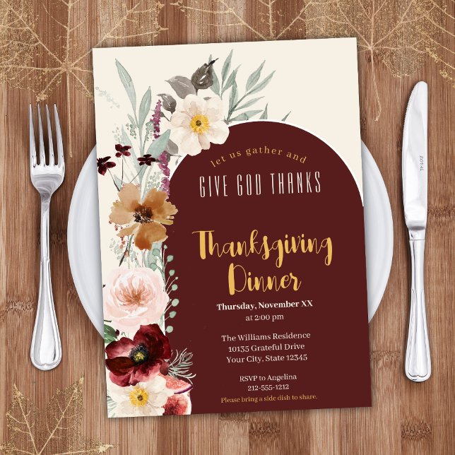 Elegant Floral Give God Thanks Thanksgiving Dinner Invitation (Creator Uploaded)