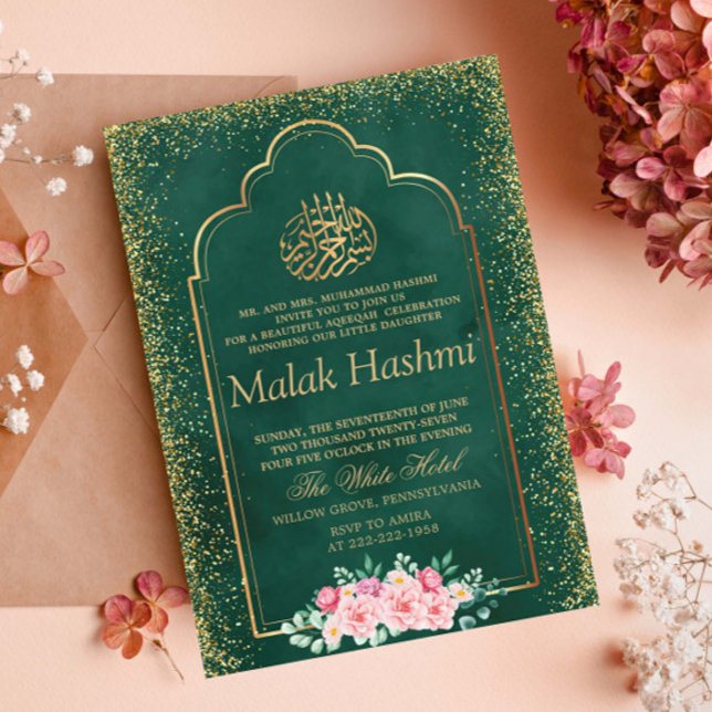 Elegant Floral Gliter Green Islamic Aqiqa Aqeeqa  Invitation (Creator Uploaded)