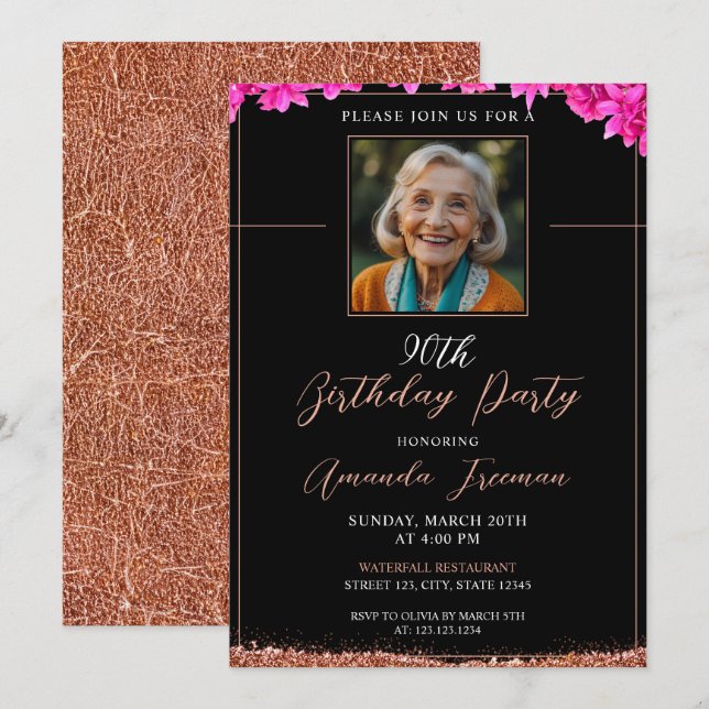 Elegant Floral Glitter 90th Birthday Invitation (Front/Back)