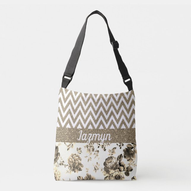 Elegant Floral Glittery Chevron Personalized Crossbody Bag (Front)