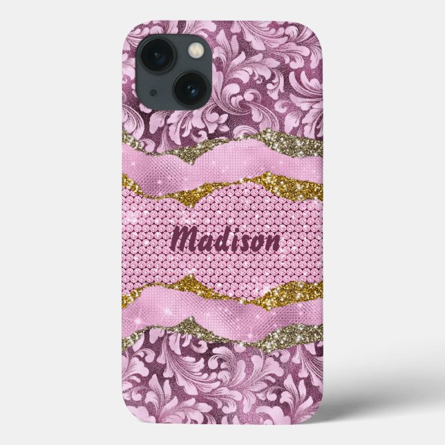 Elegant floral glittery Purple pink gold monogram  Case-Mate iPhone Case (Back)