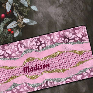 Elegant floral glittery Purple pink gold monogram Desk Mat