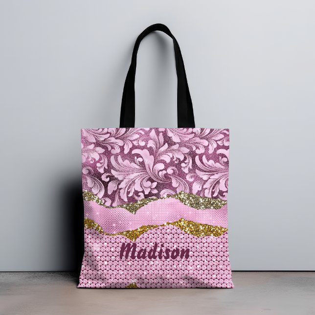 Elegant floral glittery Purple pink gold monogram Tote Bag (Creator Uploaded)