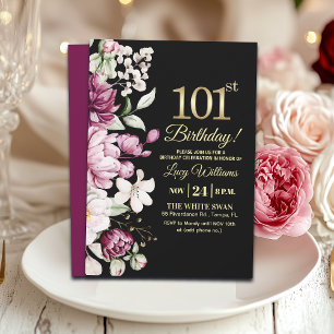 Elegant Floral Gold 101 Birthday Party Invitation
