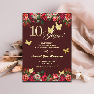 Elegant Floral Gold 10th Wedding Anniversary Save The Date